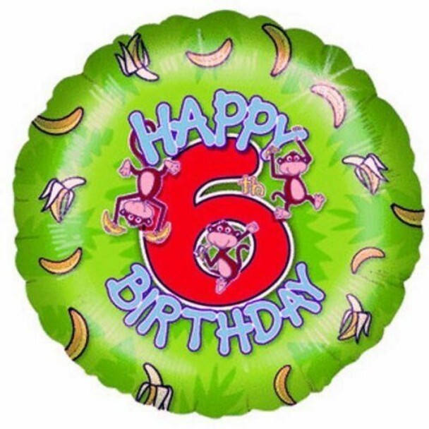 Balloon 6th Birthday Monkey Theme 18"" Foil + Ribbon + Weight Boy Girl Helium/Air