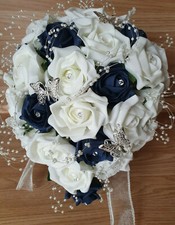 Wedding Flowers Bride Bouquet Bridesmaid Ivory Navy Blue Diamante Butterfly