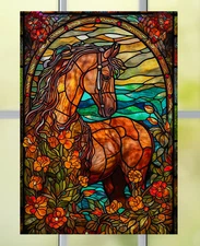 Brown Horse Faux Stained-Glass WINDOW CLING Size 10.6" Repositionable Vinyl