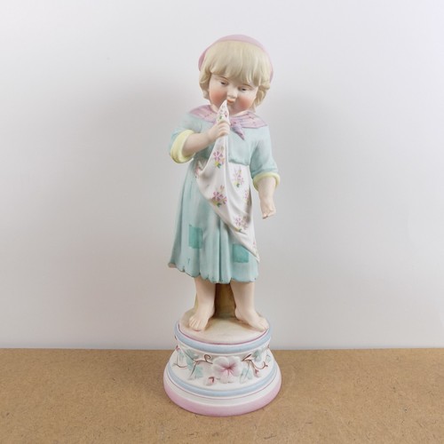 Antique Bisque Porcelain 12" Figurine Girl with Apron on Pedestal