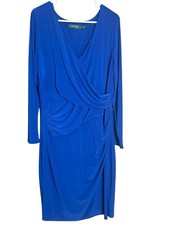Lauren Ralph Lauren Womens 14W Slinky Faux Ruched Cocktail Sheath Dress Blue