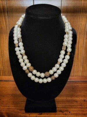 Incredible GIVENCHY 'Style' Faux Pearl/Brass Bead 2 layer Necklace-Toggle Close