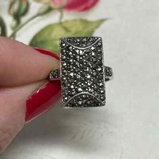 Vintage Marcasite Silver Rectangular Ring Women Art Deco UK Size N (Imperfect)