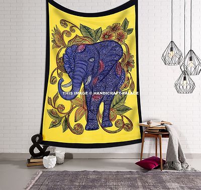 Indian Flower Elephant Print Yellow Tapestry Twin Wall Hanging