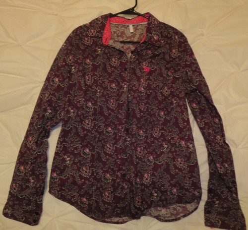 Cinch Teen Girls Long Sleeve Buttons Western Top Shirt Multi-pattern Maroon Sz L - Picture 2 of 8
