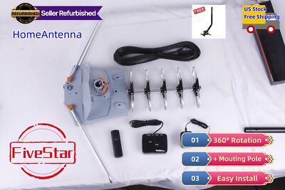 Outdoor HDTV Motorized Antenna Amplified w/ Pole 1080P 4K 360° Rotation