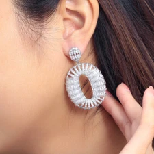 Silver Plated Big O Geometric CZ Dangle Drop Earrings Women Zircon Party Jewelry