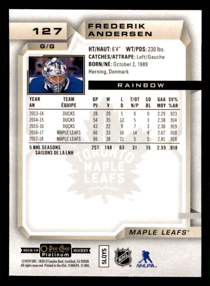 2018-19 O-Pee-Chee Platinum Rainbow #127 Frederik Andersen - Image 2 of 2