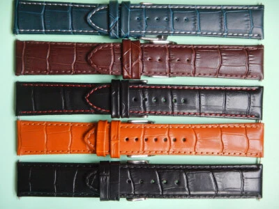 22 mm BRACELET CUIR VÉRITABLE COUSU FAÇON CROCODILE ALLIGATOR - Photo 1/2