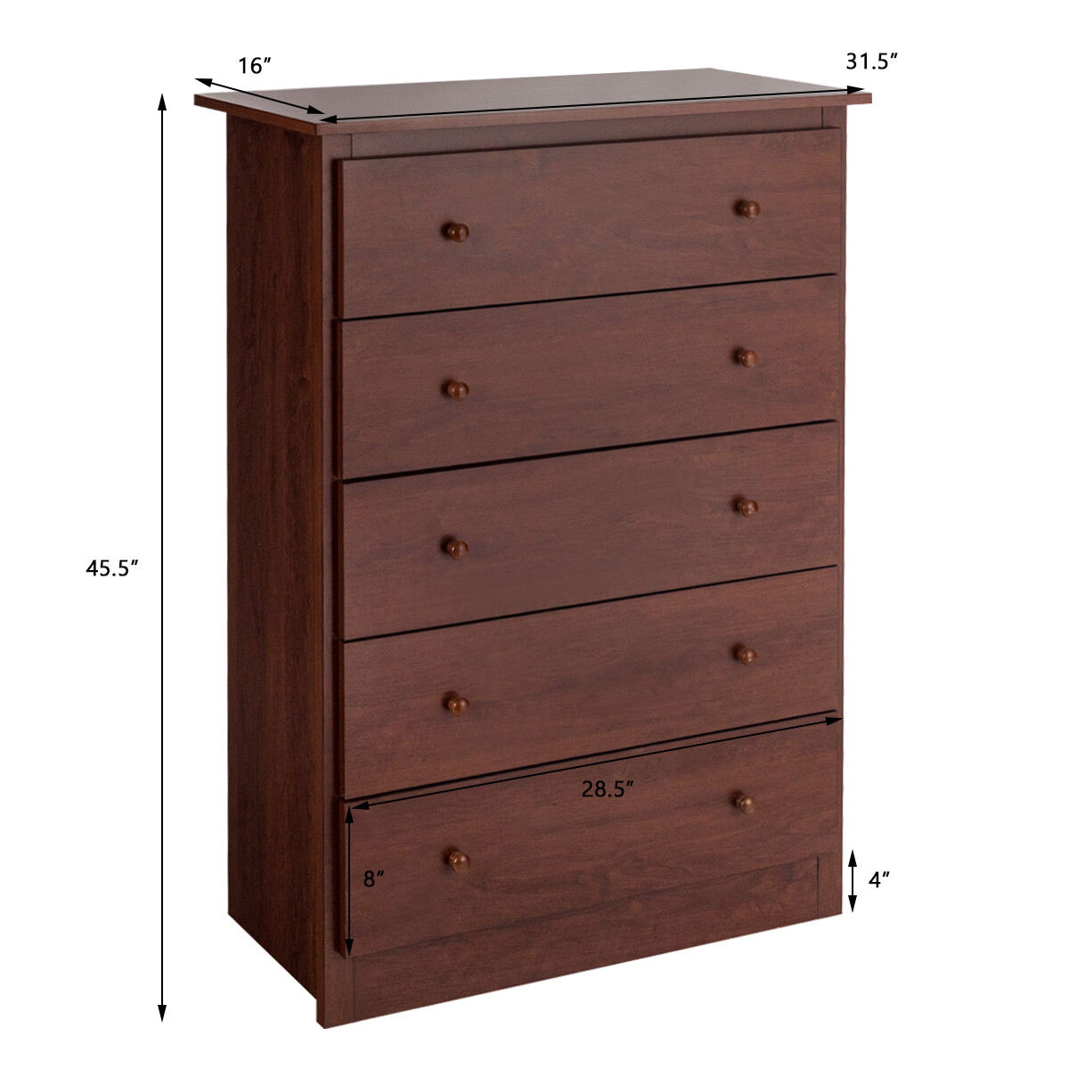5 Drawer Chest Dresser Storage Unit with Smooth Slide Rail for Bedroom Brown