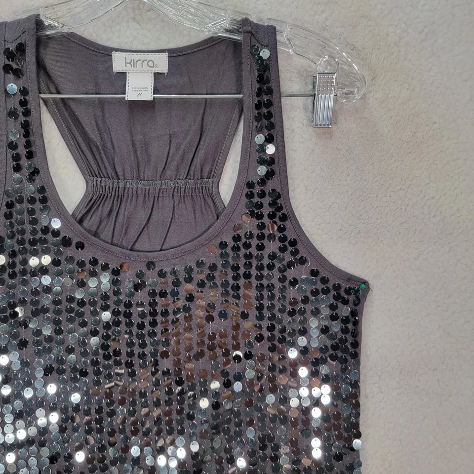 Blusa Club Kirra Mujer Top Talla M Gris Lentejuelas Cuello Redondo Elastizada Espalda Corredora Foto 3 de 4