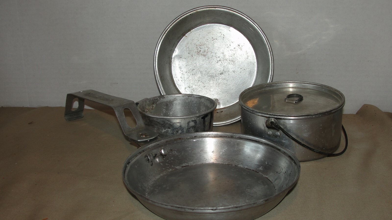 VINTAGE BOY SCOUT MESS KIT / COOKWARE SET W/ ORIGINAL BAG , ADJUSTABLE