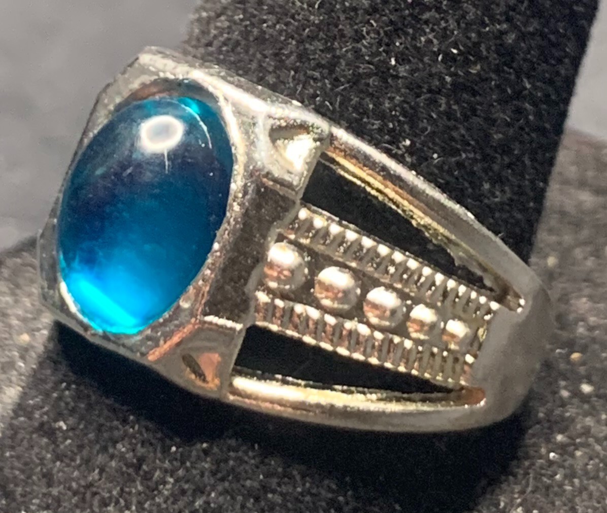 Vintage Antique Silver Tone Blue Rhinestone Ring - Size 8.5
