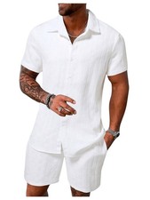 Men's Short Sets 2 Piece Outfits Button Down Linen Shirts and Short Sets Summ...