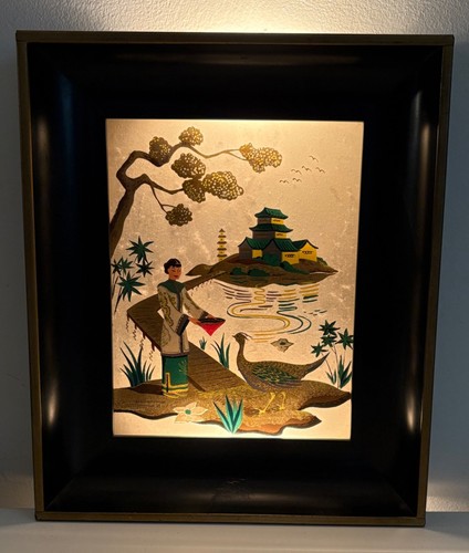Vintage Reverse Painted Mid Century Shadowbox Lighted Wall Lamp Asian Motif - Picture 7 of 15