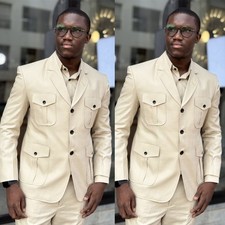 Vintage Beige Men's Safari Jacket Wedding Tuxedos Casual Outdoor Hunting Coats