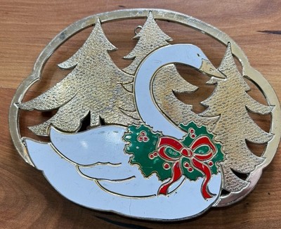Vintage Wm A Rogers Silver Tone Metal Enameled Christmas Swan Trivet 9.5''x7.5''