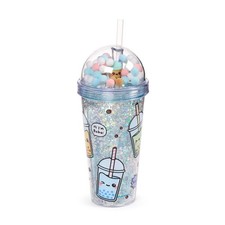 BUBBLE TEA SHATTERPROOF DOUBLE WALLED DRINKS CUP WITH LID WITH STRAW & CHARM PUK