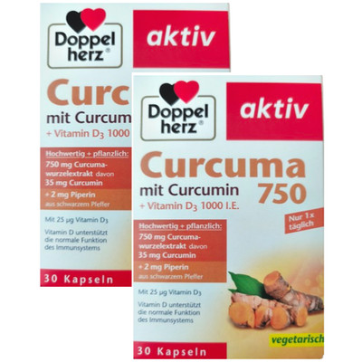 Doppelherz Curcuma 750 Curcumin Vitamin D3 mit Piperin Kurkuma 2 x 30 Kapseln