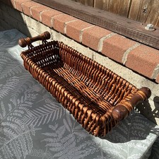 Vintage Rectangular Woven Wicker Basket Wood Handles Rustic Tray Farmhouse Decor