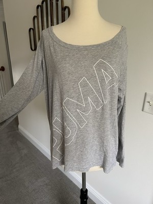 NWOT PUMA Women's Heather Gray Long Sleeve Tee White Boatneck High Low XL NEW