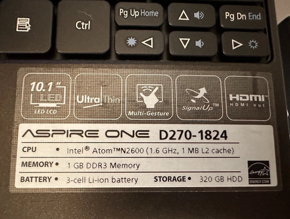 Acer Aspire One D270 1824 10.1" Notebook Intel Atom 1.6GHz 1GB RAM 320gb Storage - Image 2 of 3