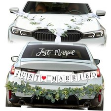 Just Married Car Decorations Kit - Wedding Car Decor with Artificial White Roses