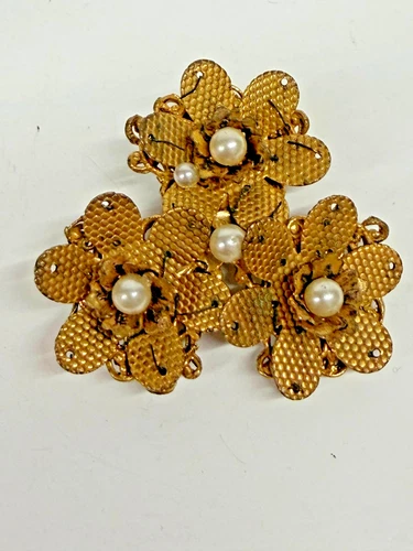 Vintage Miriam Haskel Gold Pin Broach  w/ Flowers & Pearls Signed
