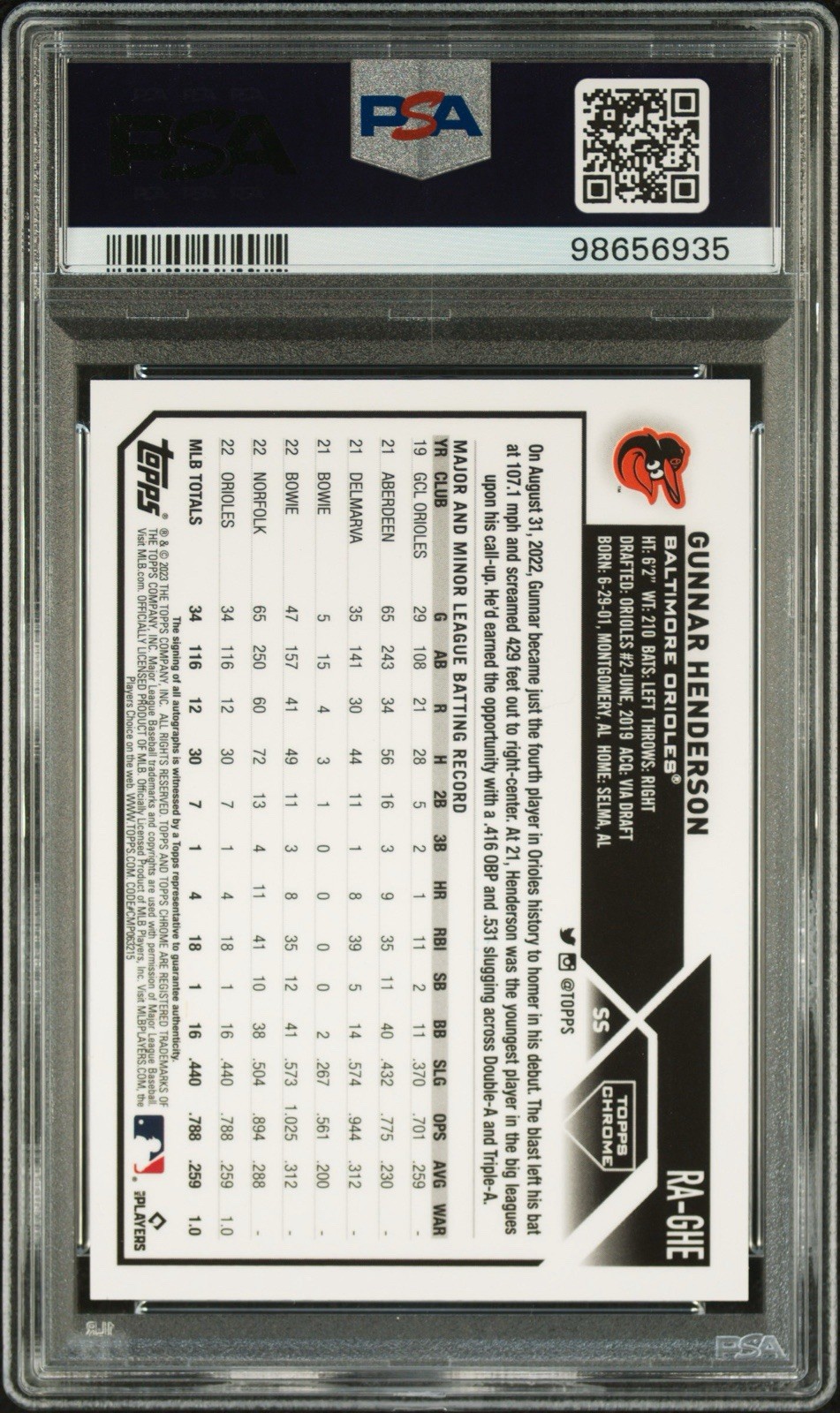 2023 TOPPS CHROME GUNNAR HENDERSON BLUE REFRACTOR AUTO /150 PSA 10 RC view 2