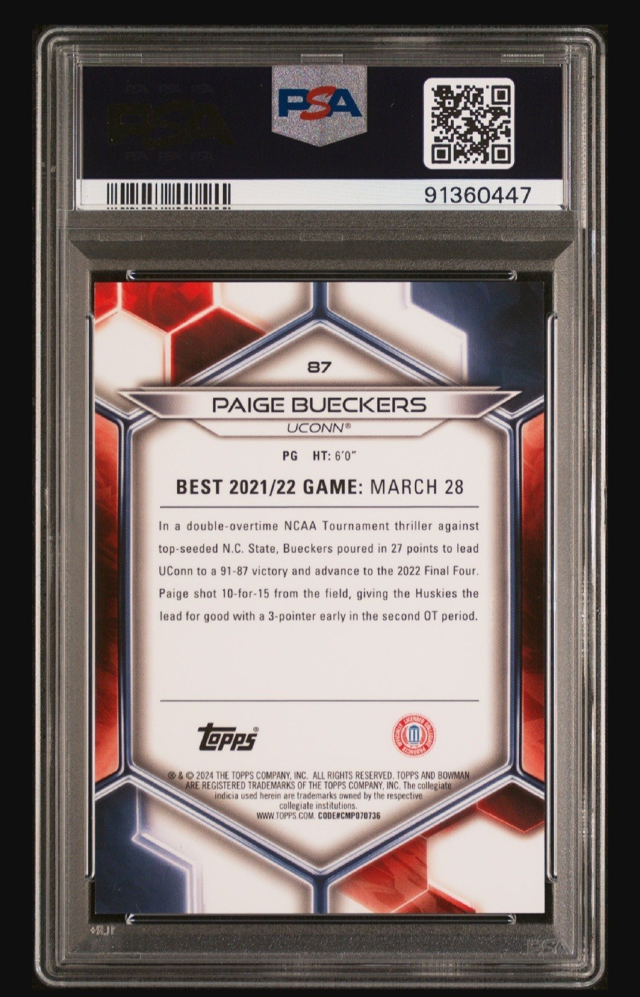 2023 Bowman U Best Paige Bueckers #87 Pink Lava Refractor 015/100 PSA 10 Rookie view 2