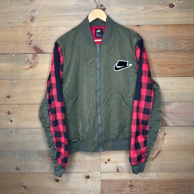 Nike NSW Synthetic Fill Bomber Jacket Men M Olive Red Plaid BV4532-325