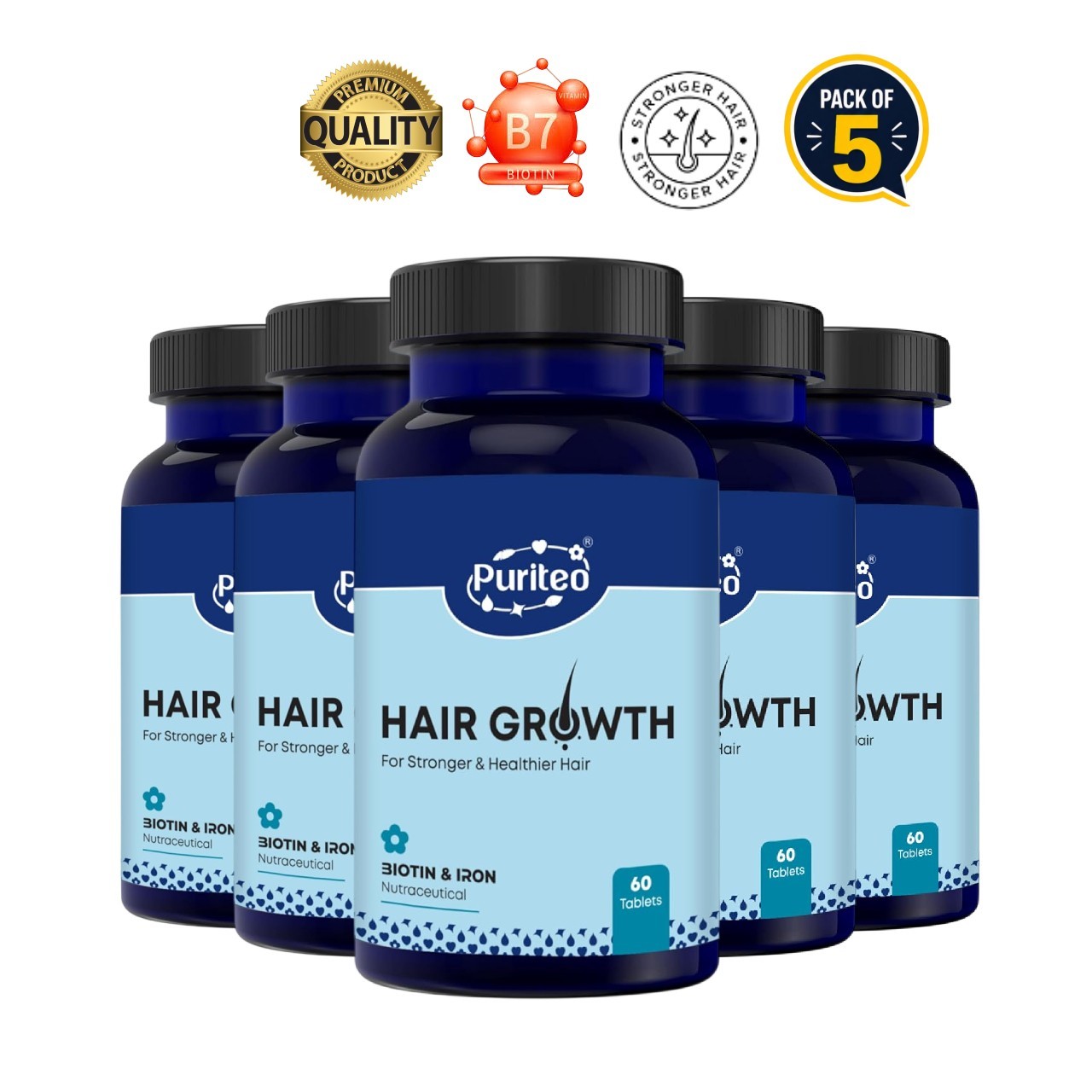 PURI.TEO Biotin 60 Tablets Pack of 5 Hair Skin Support
