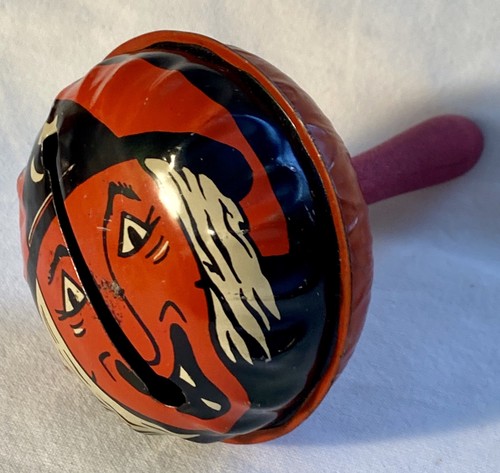 Vtg 50s Halloween Witch Tin Litho Noisemaker Wood Handle Life of the Party