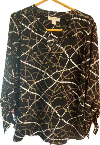 Michael Kors Womens Chain Print Long Sleeve Blouse Size L Black & Gold Polyester - Picture 1 of 4
