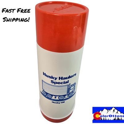 #ad Vintage Aladdin Thermos 1 Quart Husky Oil Haulers Special Orange Cup White Blue $27.98