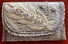 Vtg Boho Straw Raffia Clutch Purse Tropical 1950s Brown Floral Decor Red Lining