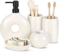 5 Pcs Ceramic Bathroom Accessories Set, Beige Counter Includes Soap Dispenser To