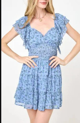 Trixxi Blue Floral Chiffon Dress M Short Sleeve Smocked Tiered Skirt