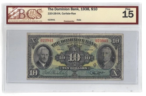 1938 $10 The Dominion Bank Chartered Note CH 202-28-04 - BCS F-15