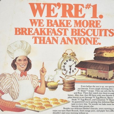 1985 Hardee's Restaurant Charbroil Burgers Carl Hardee Sr Breakfast Biscuits