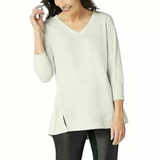  H Halston Mixed Media French Terry Tunic Top Size XS V-Neck Heather White Gray