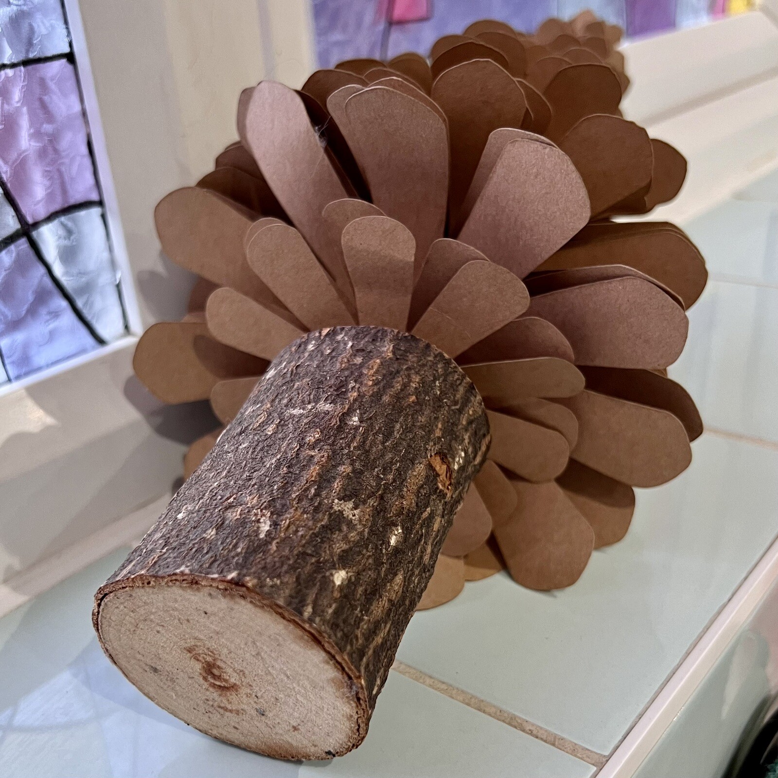 Christmas Kraft Paper Tree On Wooden Plinth/Log 38cm Eco Friendly