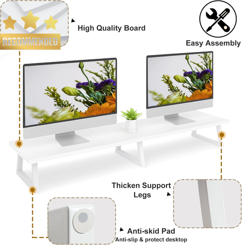 Dual Monitor Riser, 42 Inch, TV Stand, Wood & Steel, with Storage, White - Picture 4 of 12