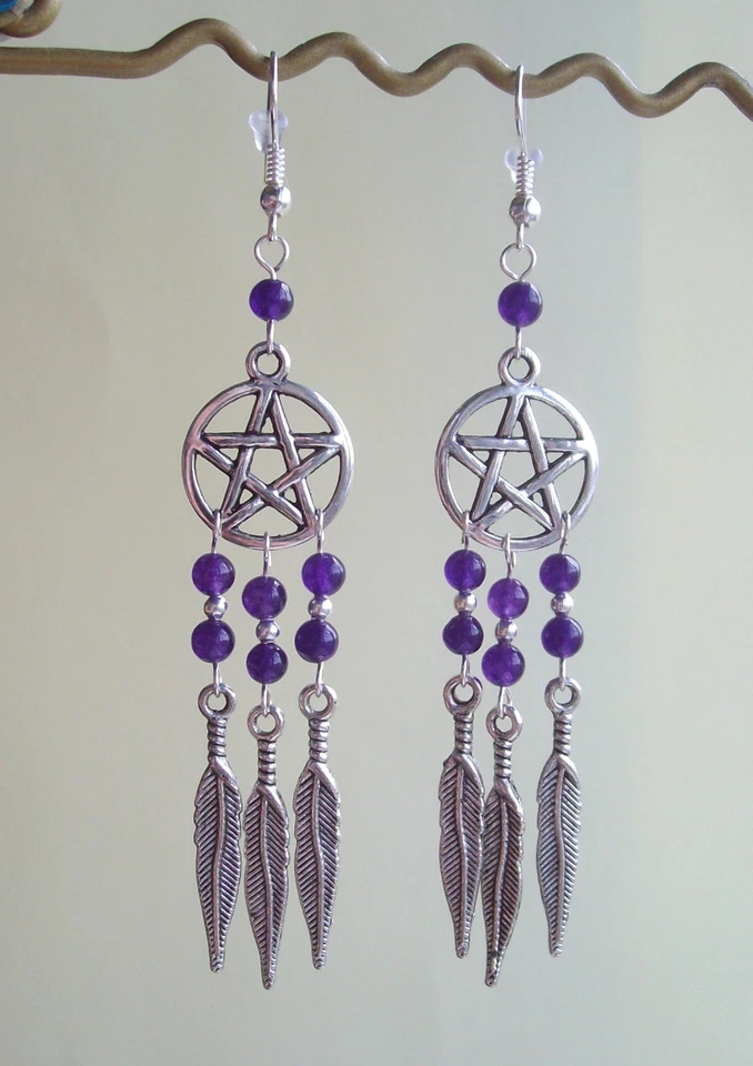 Amethyst Bead Pentagram Dreamcatcher Dangly Feather Charm Earrings - Wicca - Image 2 of 3