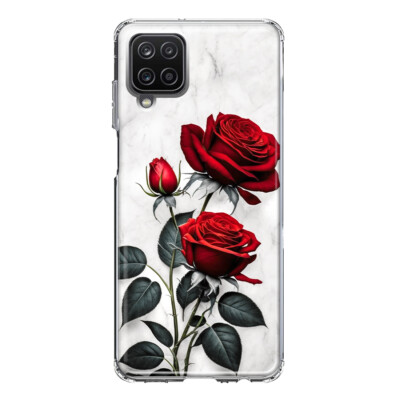 For Samsung Galaxy A22 5G Shockproof Hybrid Case, White Marble Red Roses