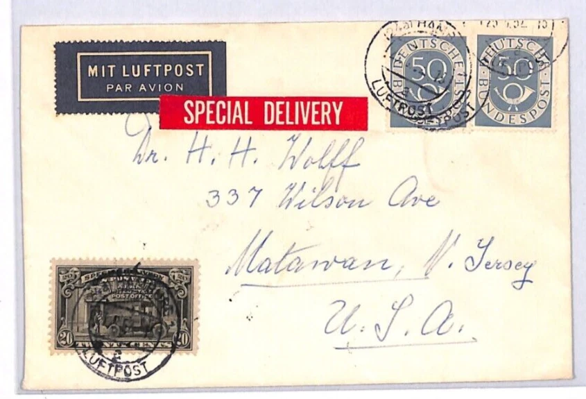 USA 20c *SPECIAL DELIVERY* Cover 1952 GERMANY 1m Rate Air Mail Matawan NJ YX196 - Image 2 of 4
