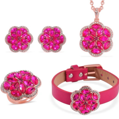 Fuchsia and White Austrian Crystal Leather Bracelet Earrings Ring Necklace Set