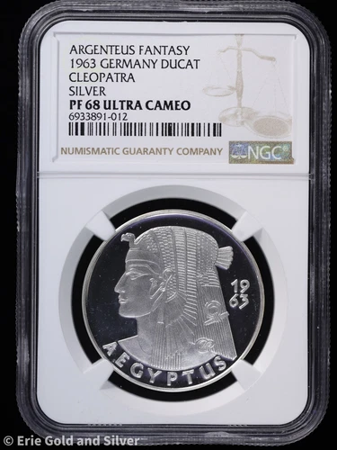 1963 Fantasy Germany Silver Ducat Proof Cleopatra Aegyptus NGC PF 68 Ultra Cameo