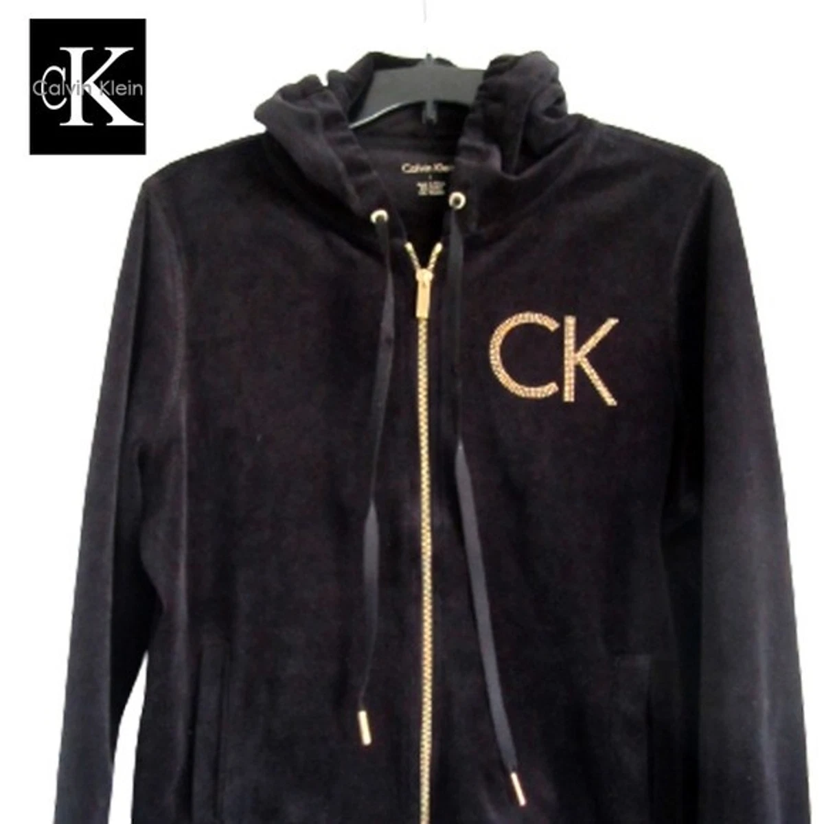 CALVIN KLEIN NEW Velour Stud-Signature-Logo Front-Zip Hoodie Jacket L | eBay