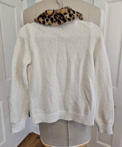 NWT Crewcuts Ivory Gold Metallic Zip Cardigan Faux Fur Leopard Collar Size 10 - Picture 5 of 9